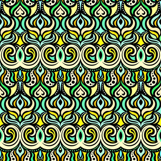 Yellow - Turquoise - Green Abstract Doodle Fabric 1009.7