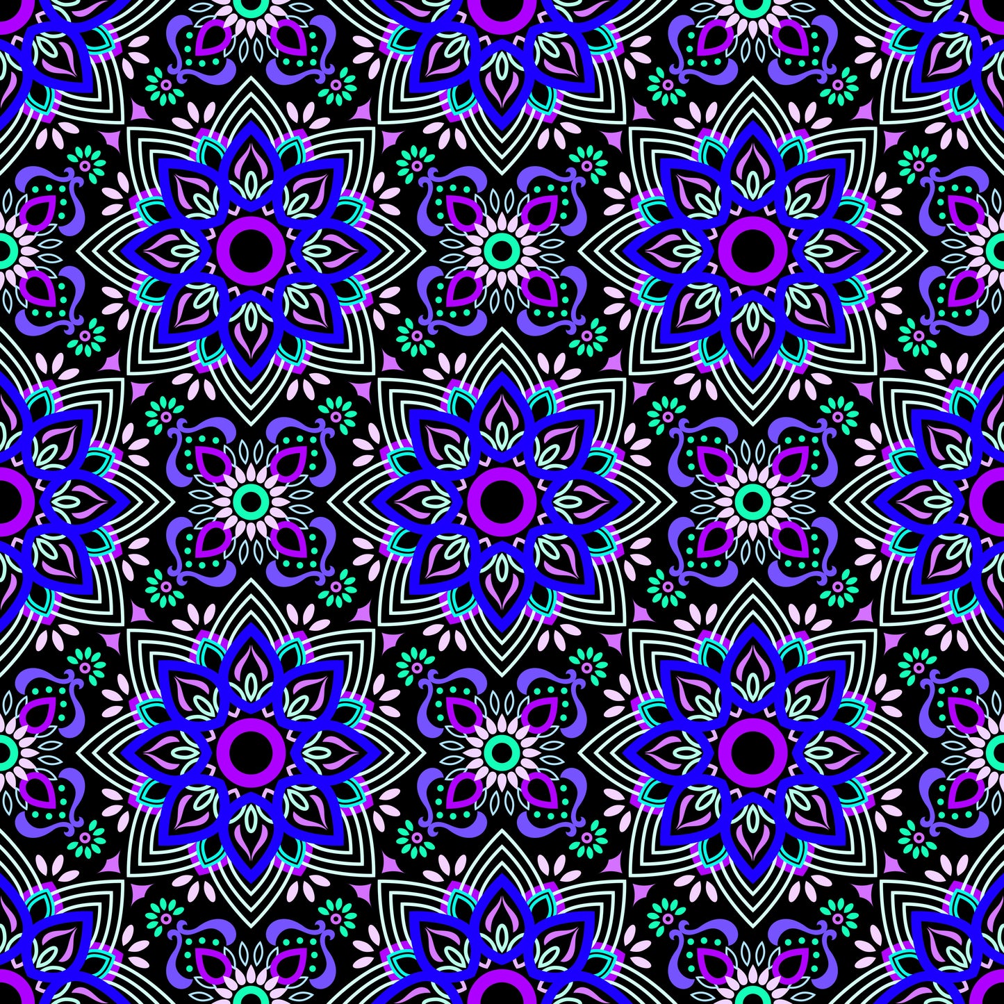 Blue - Purple - Turquoise Mandala Fabric - 145