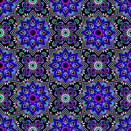 Blue - Purple - Turquoise Mandala Fabric - 145