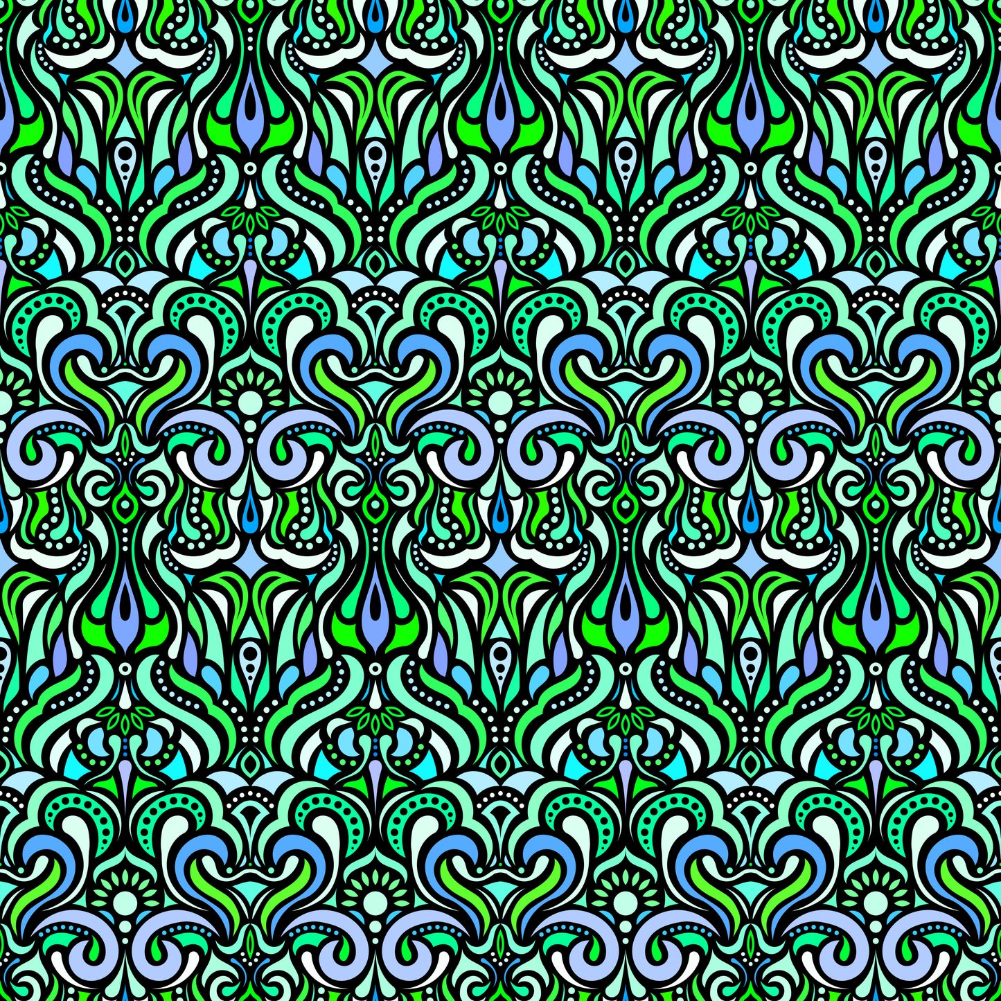 Turquoise - Green - Blue Abstract Doodle Fabric 1012