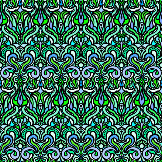 Turquoise - Green - Blue Abstract Doodle Fabric 1012