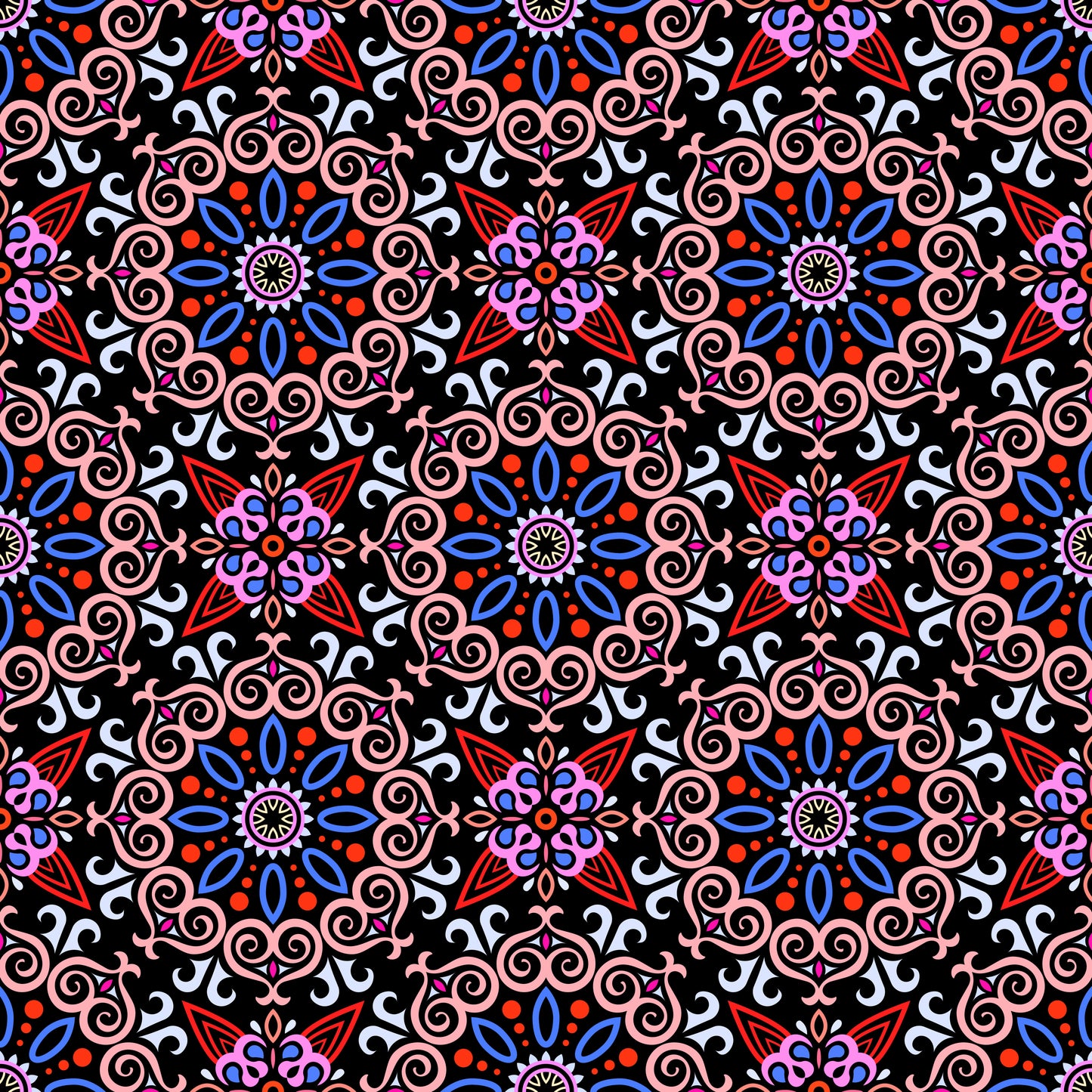 Red - Blue - Pink Mandala Fabric - 138