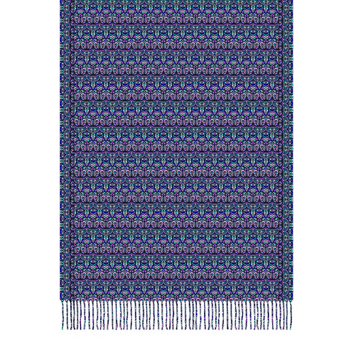 Purple - Turquoise - Blue Abstract Doodle Scarf with Tassels