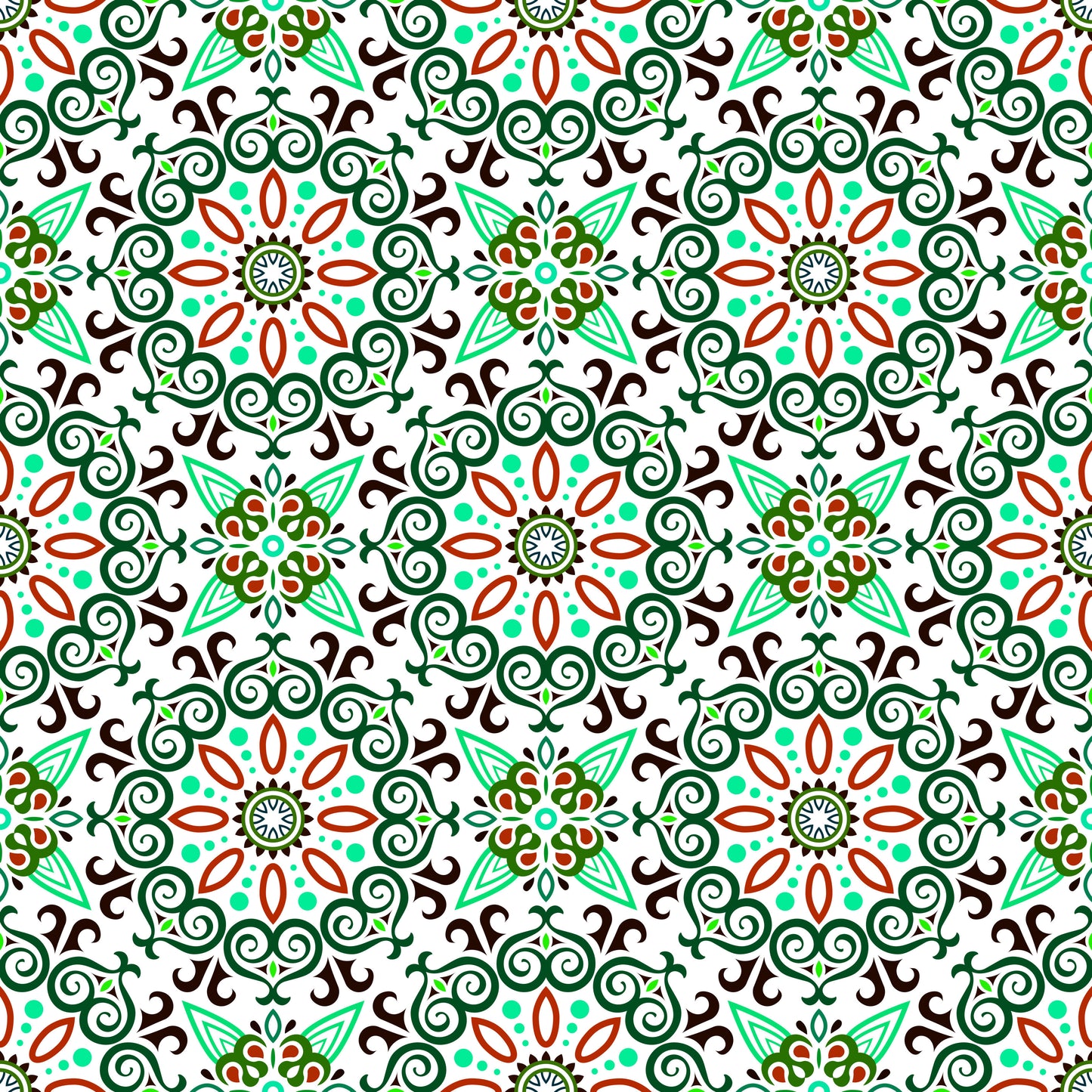 Turquoise - Green - Red Mandala Fabric - 138i
