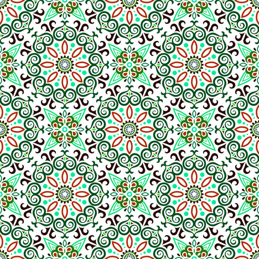 Turquoise - Green - Red Mandala Fabric - 138i