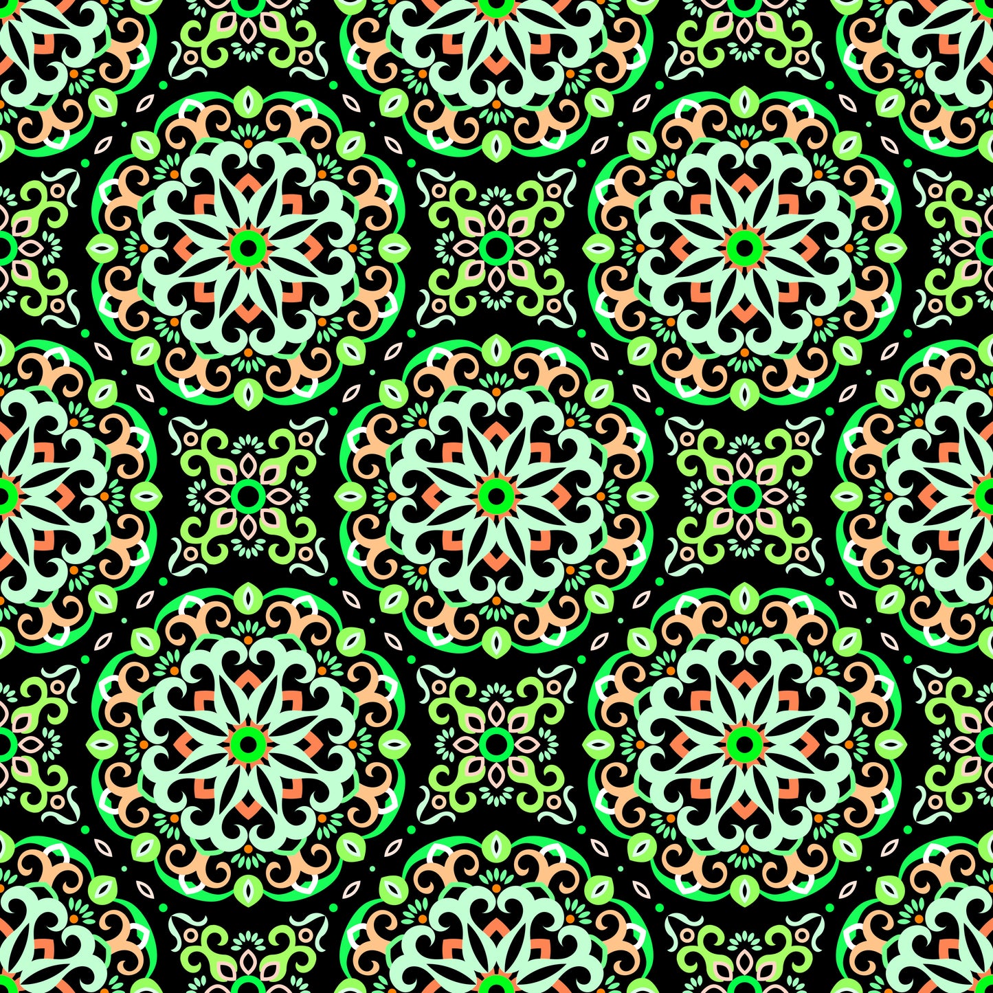 Green - Orange Mandala Fabric - 188