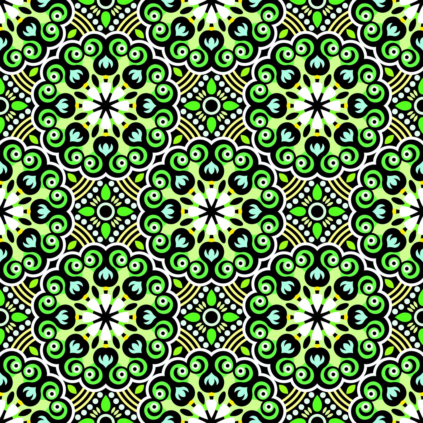 Green - Turquoise - Yellow Mandala Fabric - 132