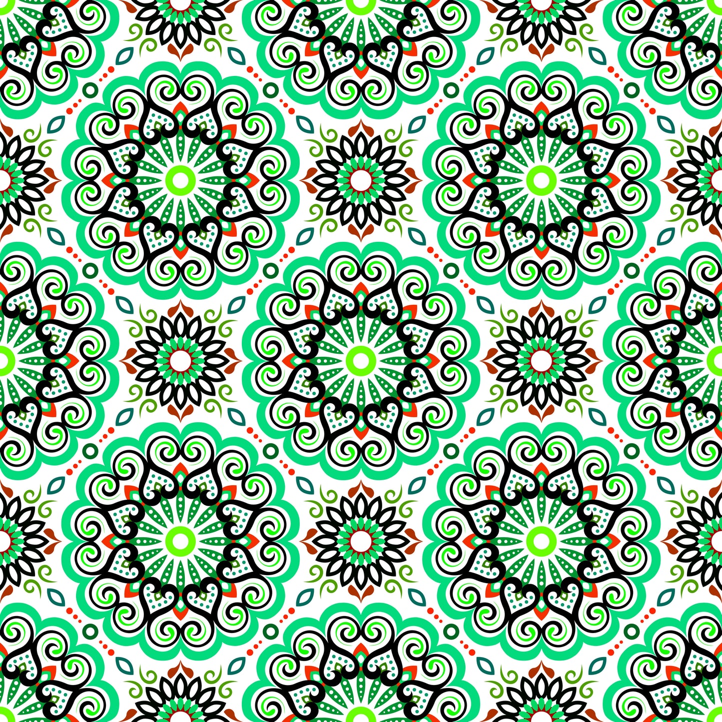 Turquoise - Red - Green Mandala Fabric - 179i