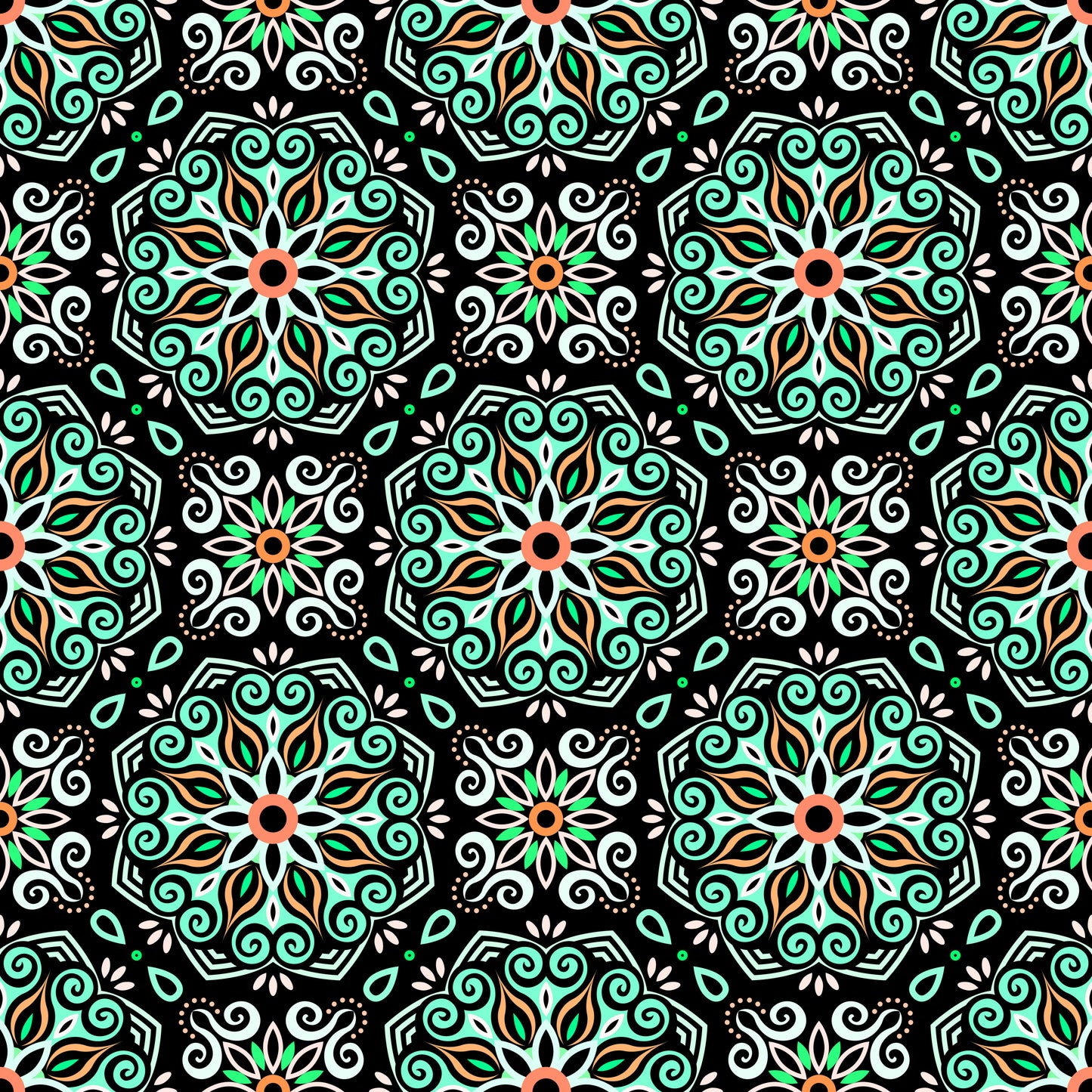 Turquoise - Orange - Green Mandala Fabric - 203