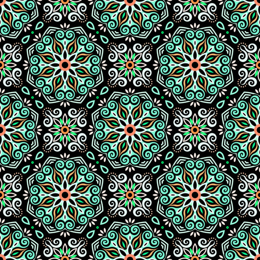 Turquoise - Orange - Green Mandala Fabric - 203