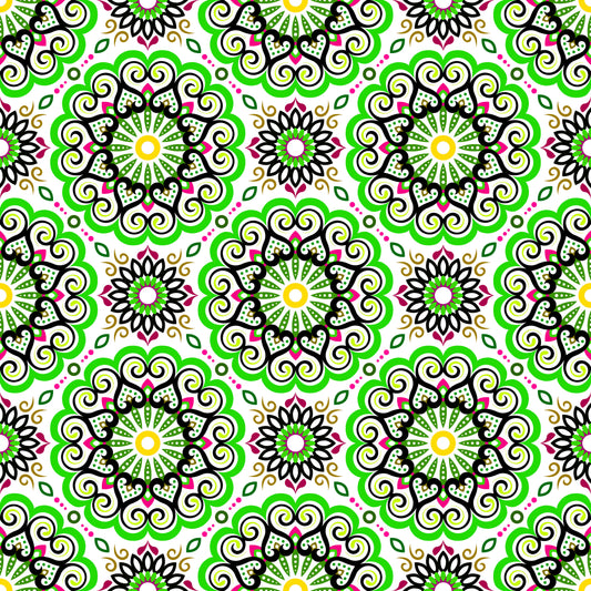 Green - Pink - Yellow Mandala Fabric - 179i