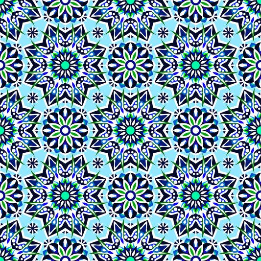 Turquoise - Blue - Green Mandala Fabric - 122i