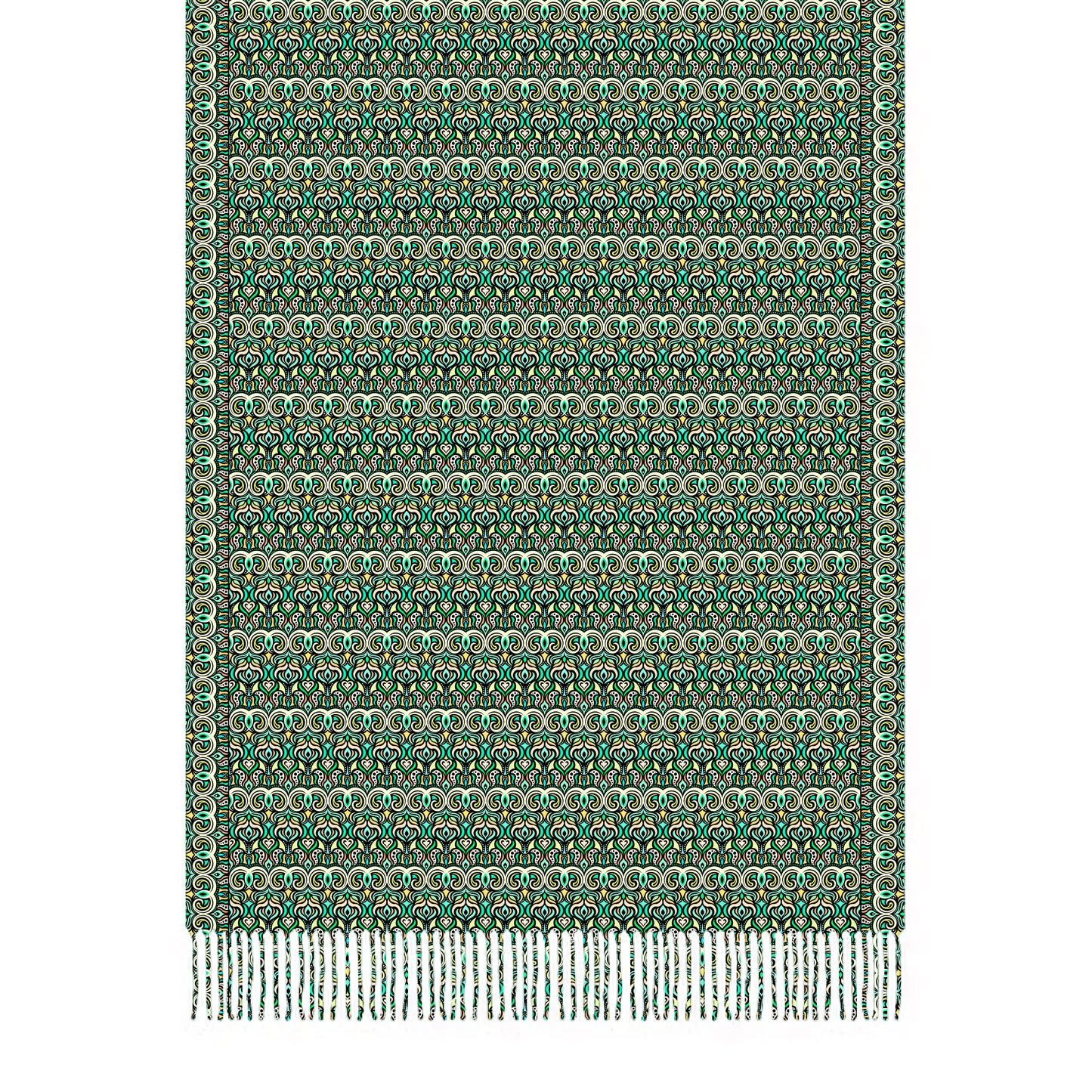 Turquoise - Yellow - Green Abstract Doodle Scarf with Tassels