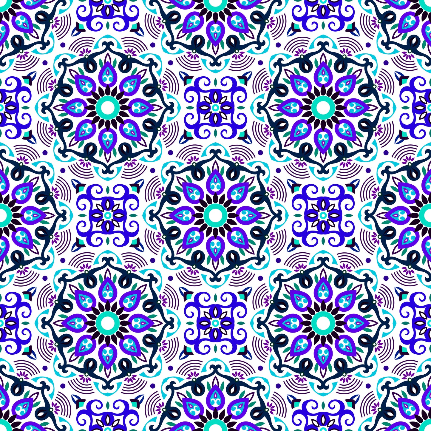 Turquoise - Blue - Purple Mandala Fabric - 140i