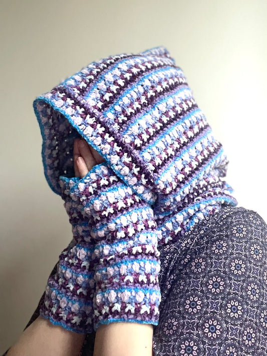 Crochet Kit: Serenity Hooded Cowl and Fingerless Mittens in Crushed Velvet