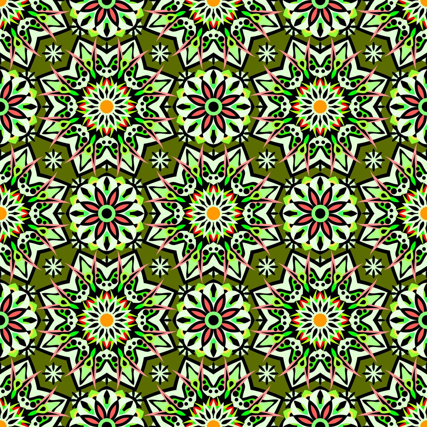 Green - Red - Orange Mandala Fabric - 122