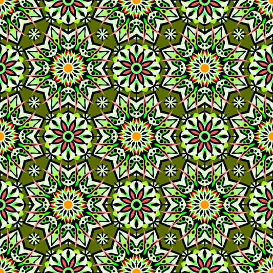 Green - Red - Orange Mandala Fabric - 122