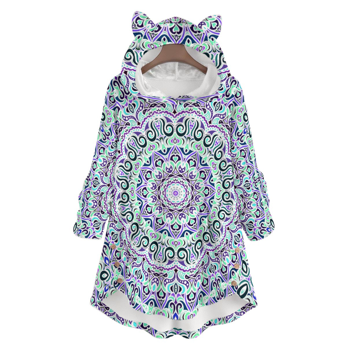 Turquoise - Purple Fuzzy Fleece Hoodie with Cat Ears