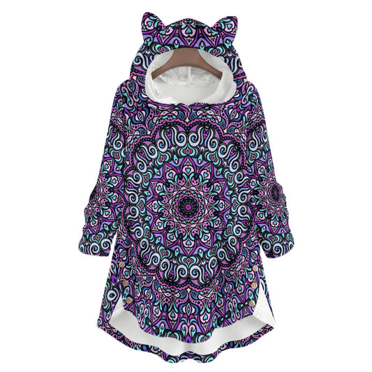 Turquoise - Pink - Purple Fuzzy Fleece Hoodie with Cat Ears