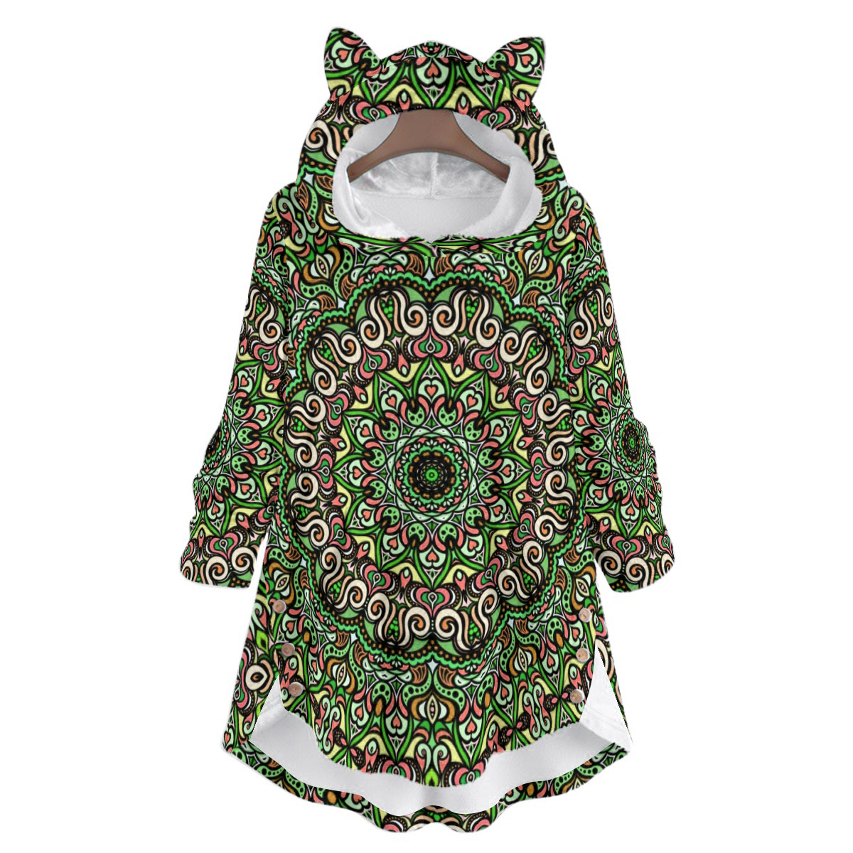 Green - Coral - Orange Fuzzy Fleece Hoodie with Cat Ears