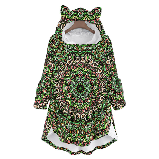 Green - Coral - Orange Fuzzy Fleece Hoodie with Cat Ears