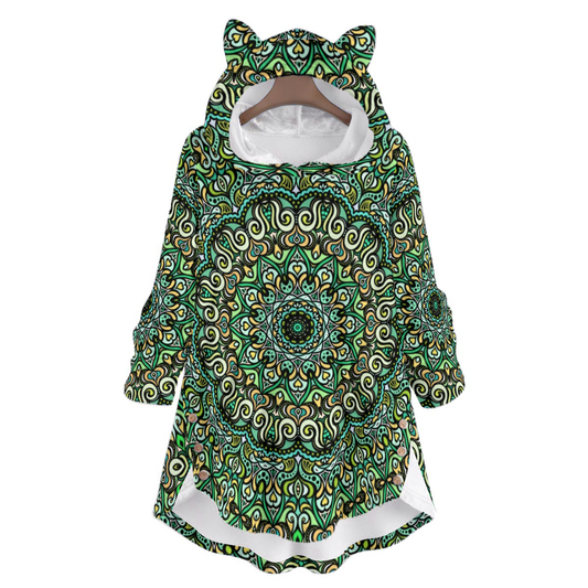 Green - Turquoise - Yellow Fuzzy Fleece Hoodie with Cat Ears