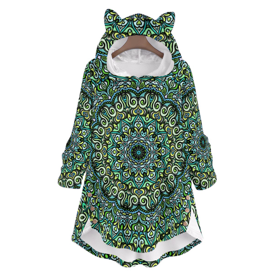 Green - Turquoise - Blue Fuzzy Fleece Hoodie with Cat Ears