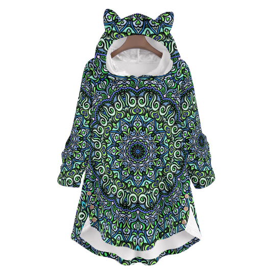 Blue - Green - Turquoise Fuzzy Fleece Hoodie with Cat Ears