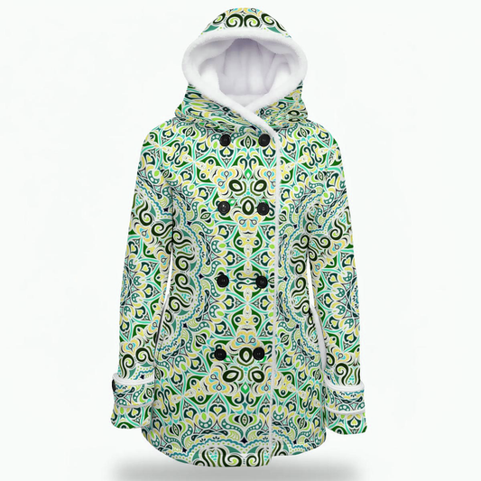 Green - Turquoise - Yellow Fuzzy Fleece Hooded Coat