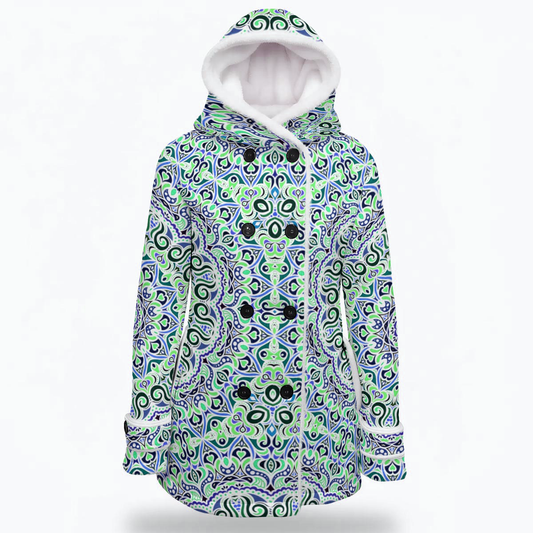 Green - Blue Fuzzy Fleece Hooded Coat