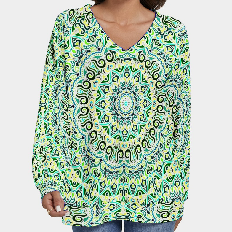 Turquoise - Green - Yellow V-Neck Sweater