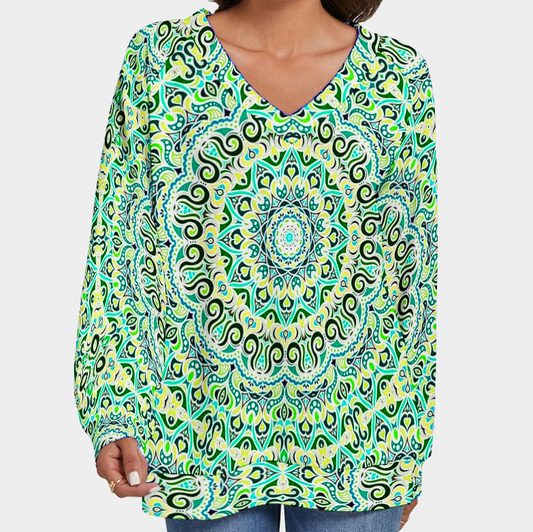 Turquoise - Green - Yellow V-Neck Sweater