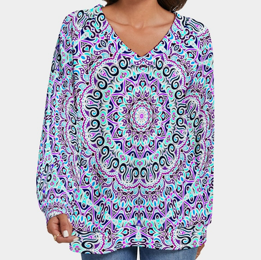 Turquoise - Purple - Fuchsia V-Neck Sweater