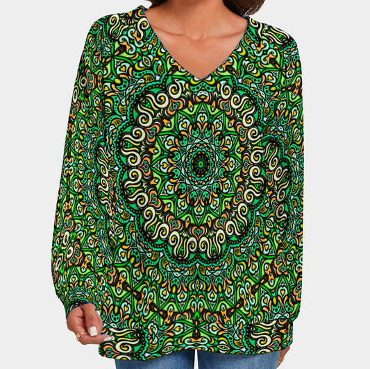 Green - Turquoise - Yellow V-Neck Sweater