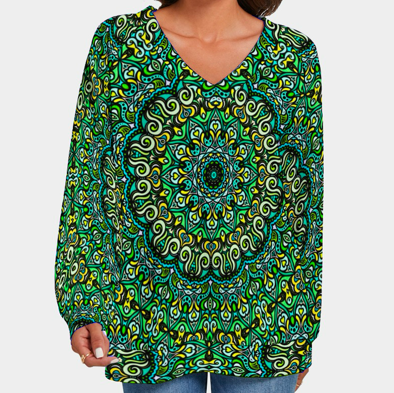 Green - Turquoise - Yellow V-Neck Sweater