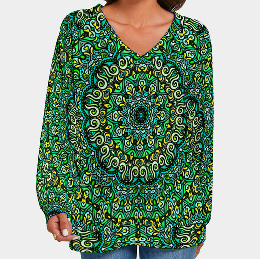Green - Turquoise - Yellow V-Neck Sweater