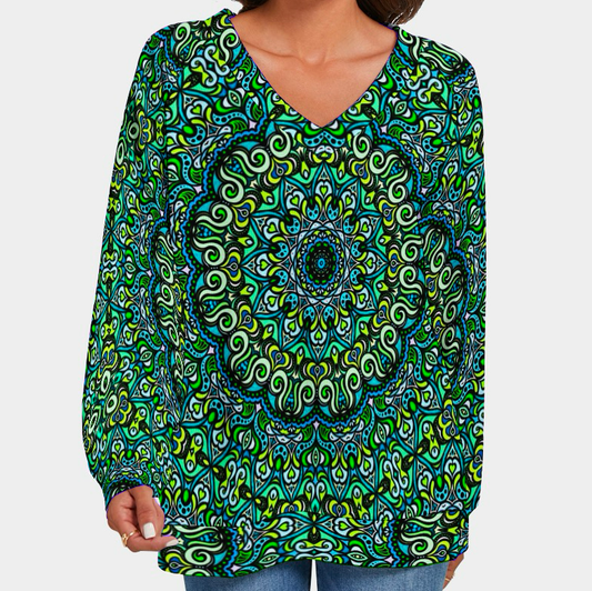 Green - Turquoise - Blue V-Neck Sweater