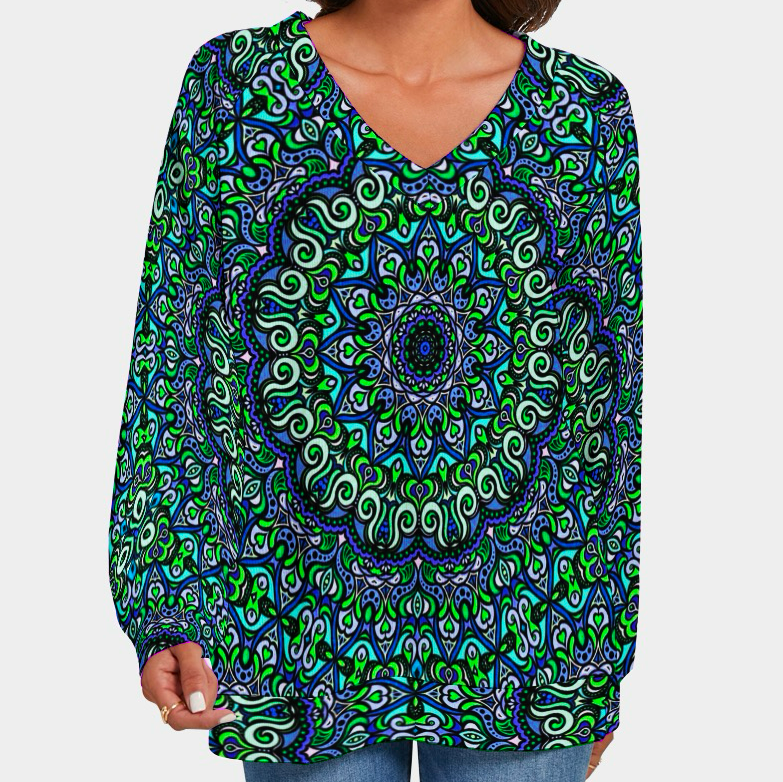 Green - Turquoise - Blue V-Neck Sweater