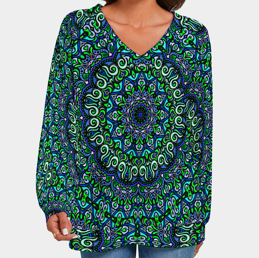Green - Turquoise - Blue V-Neck Sweater