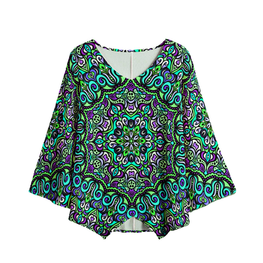 Green - Purple - Turquoise V-Neck Blouse