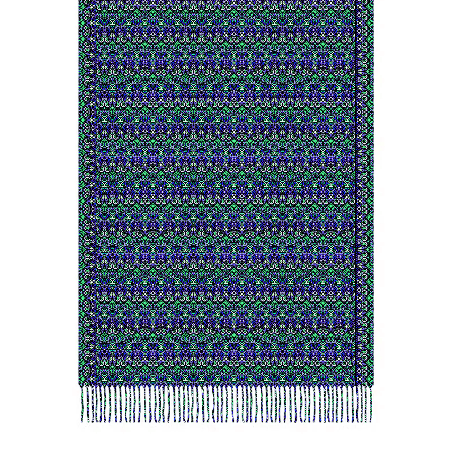 Blue - Green Abstract Doodle Scarf with Tassels