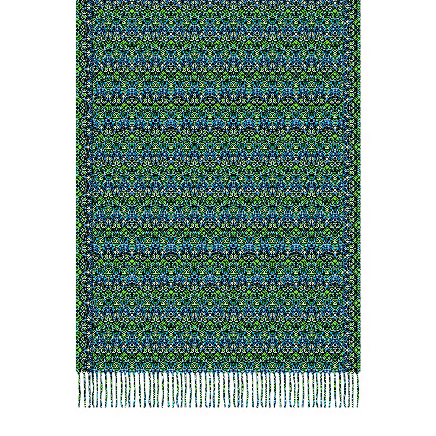 Green - Blue Abstract Doodle Scarf with Tassels