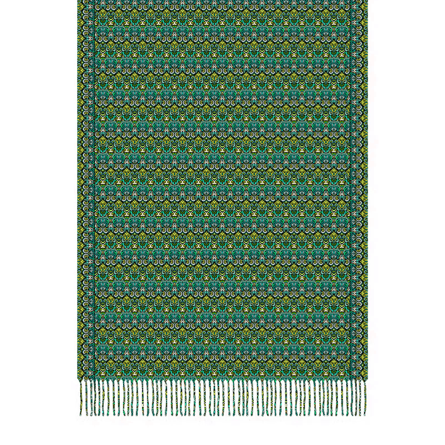 Green - Blue Abstract Doodle Scarf with Tassels