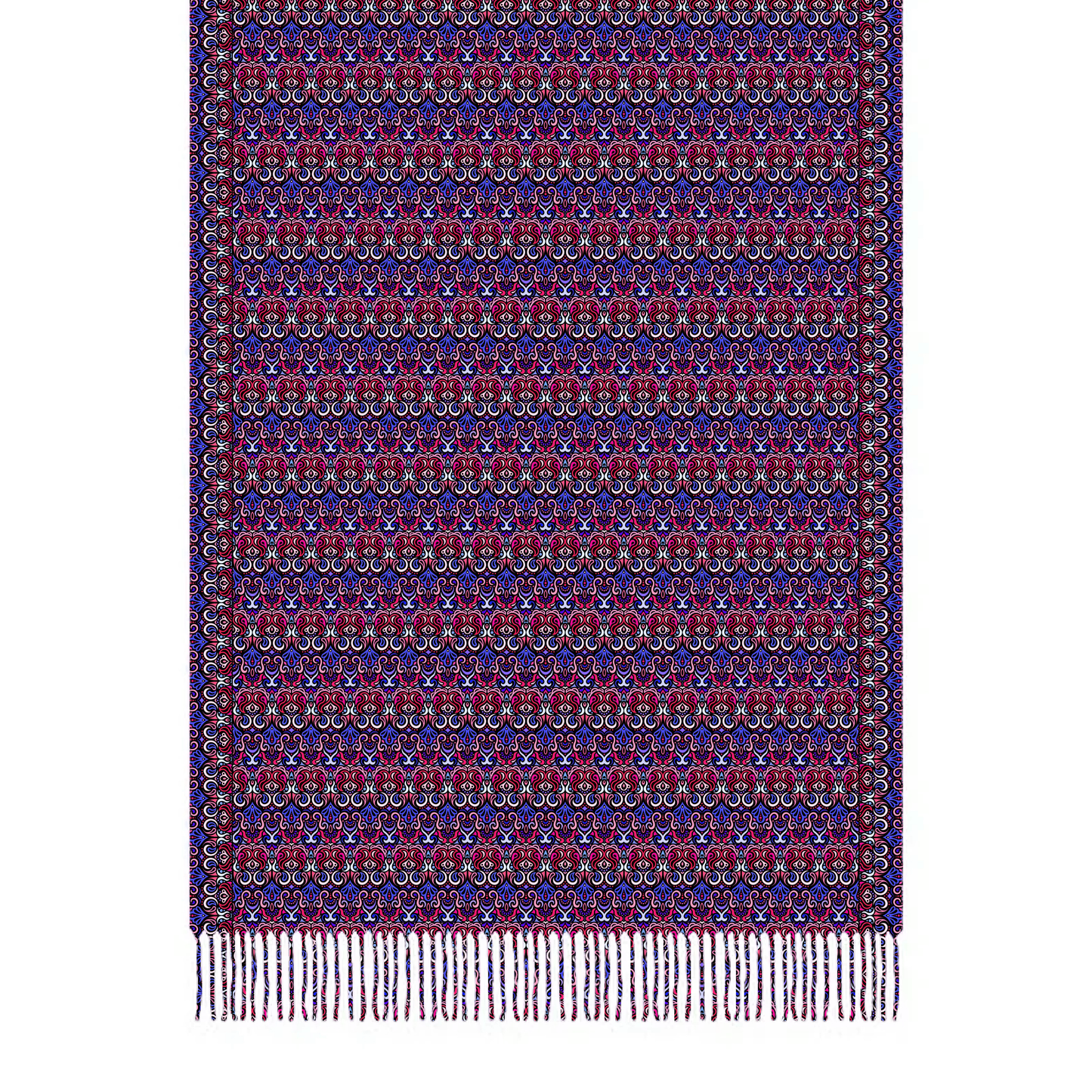 Red - Blue Abstract Doodle Scarf with Tassels